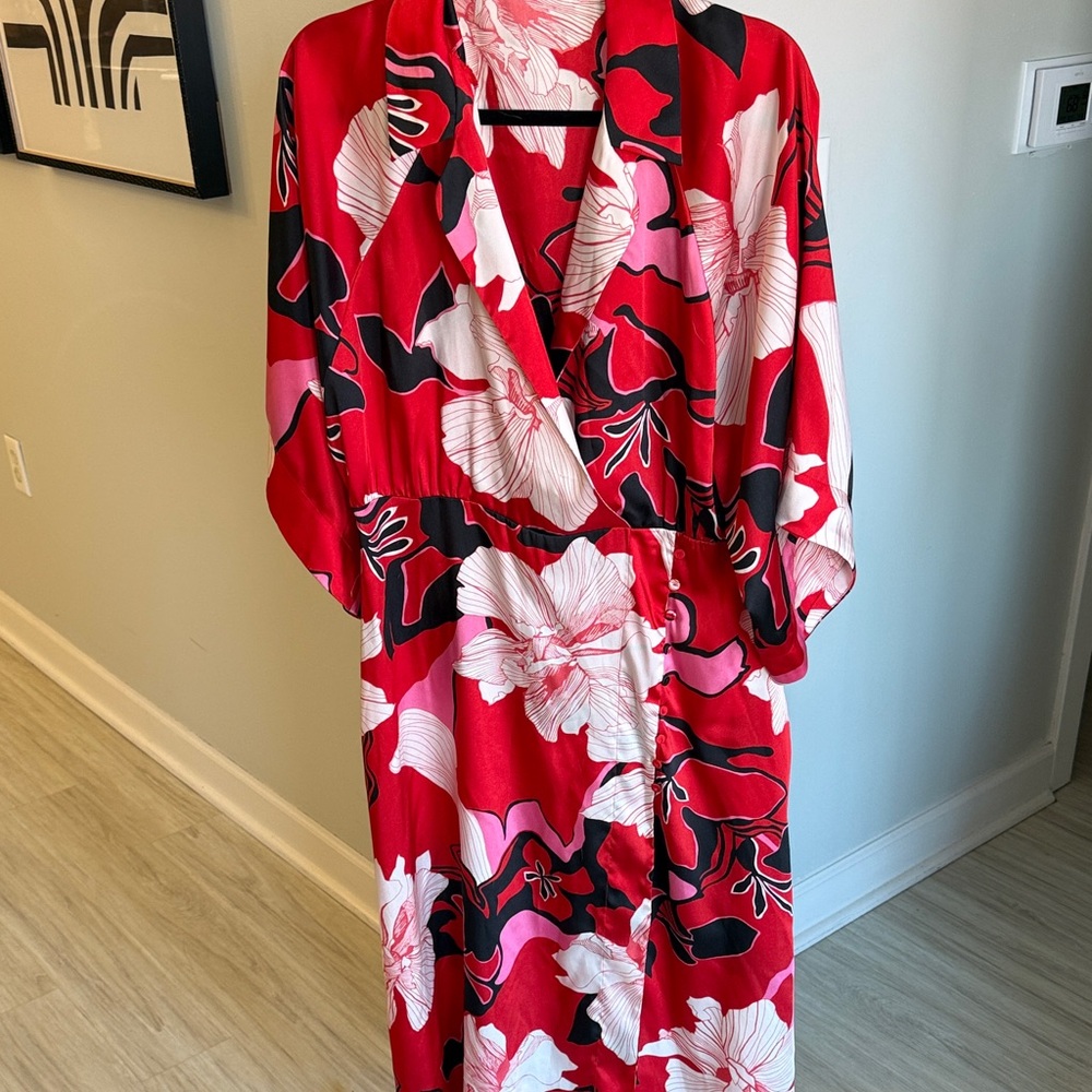 Red Floral Wrap Dress with Pink & Black Accents